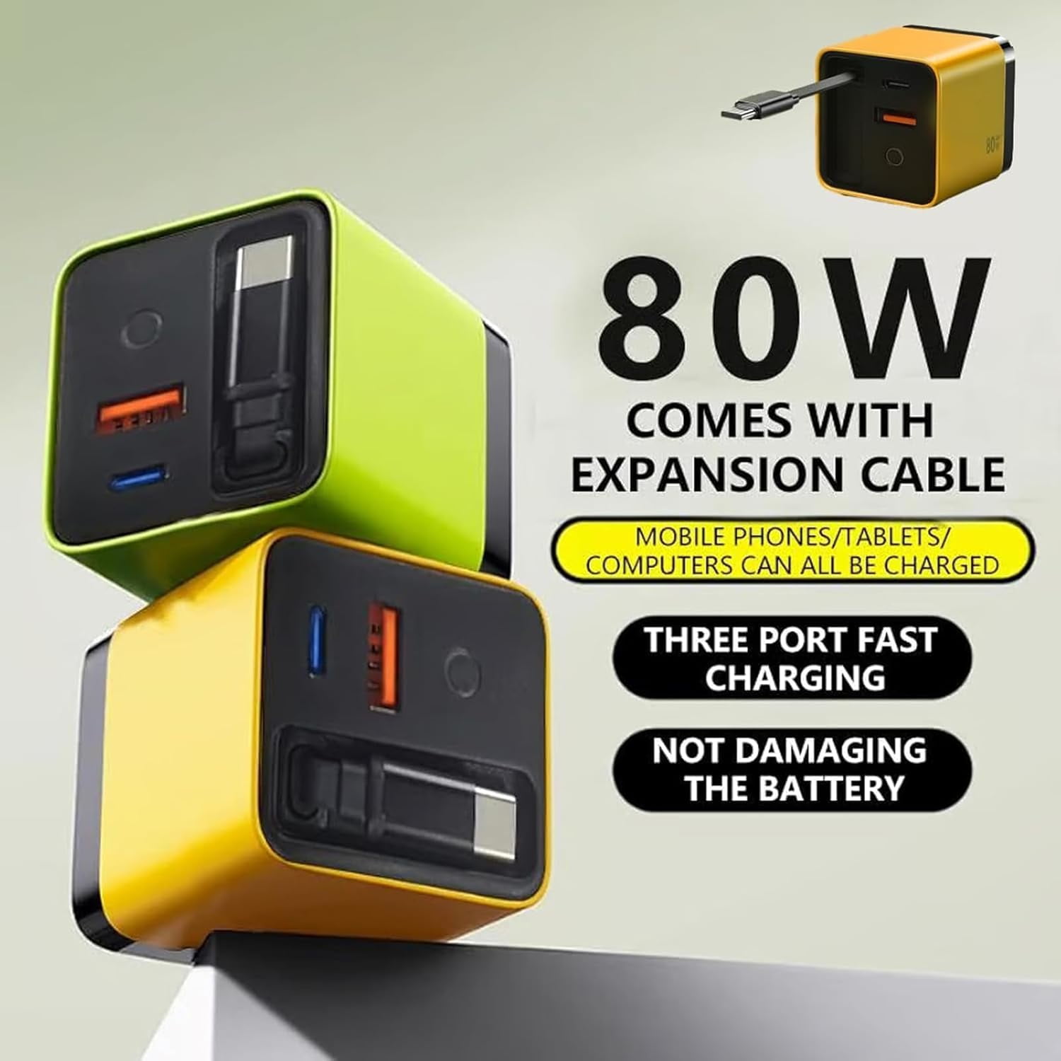 3 in 1 Charger Retractable 80w Max Fast, 3 in 1 Charger Retractable Fast, Scalable 80w Max Fast Charger Module with Type C Cable and 2 USB Ports
