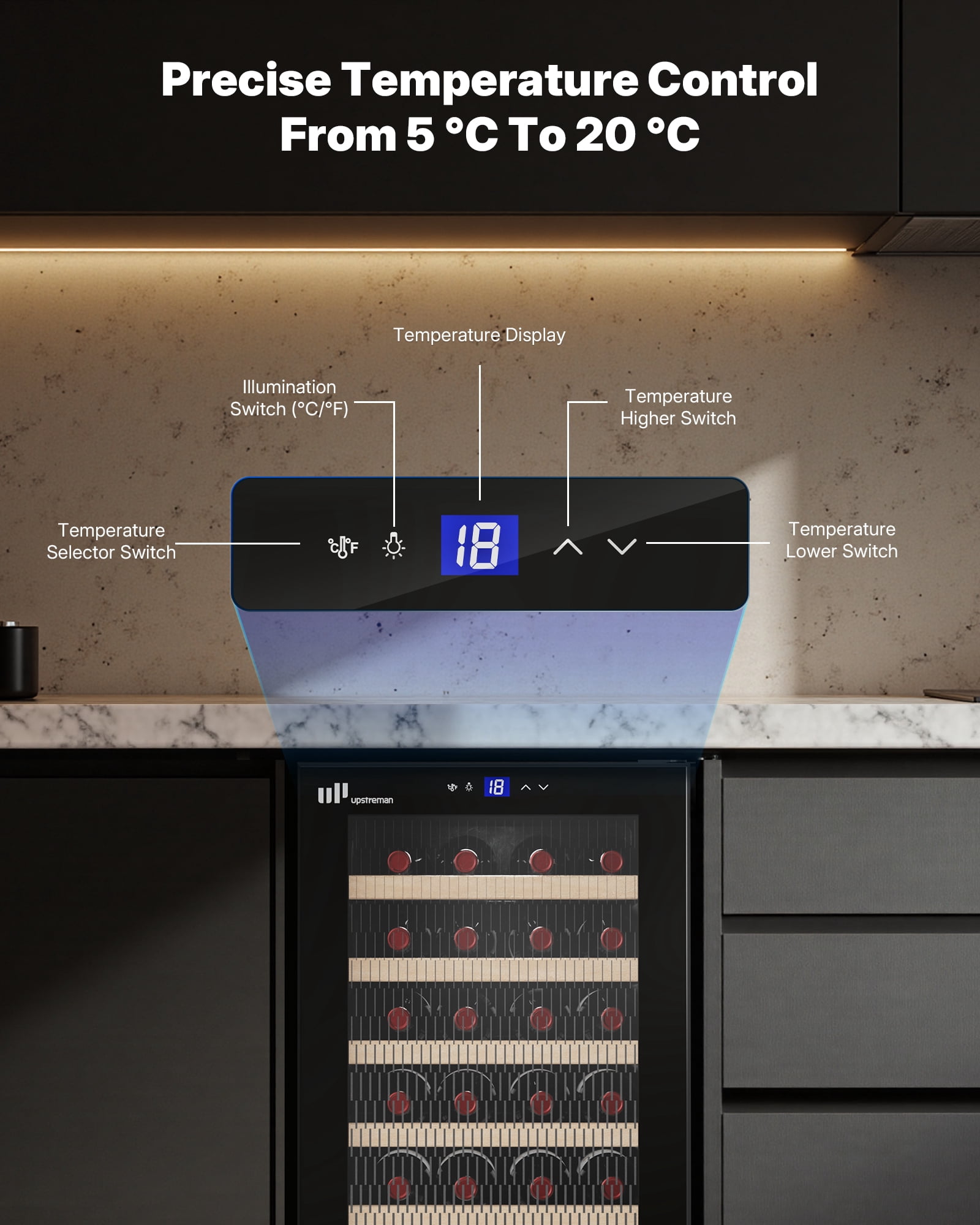 Upstreman 24 Bottle Wine Cooler Refrigerator, Freestanding Wine Chiller Compressor Wine Refrigerator with Glass Door, Touch Control & LED Light, 41-68°F Temperature Control, Black W24