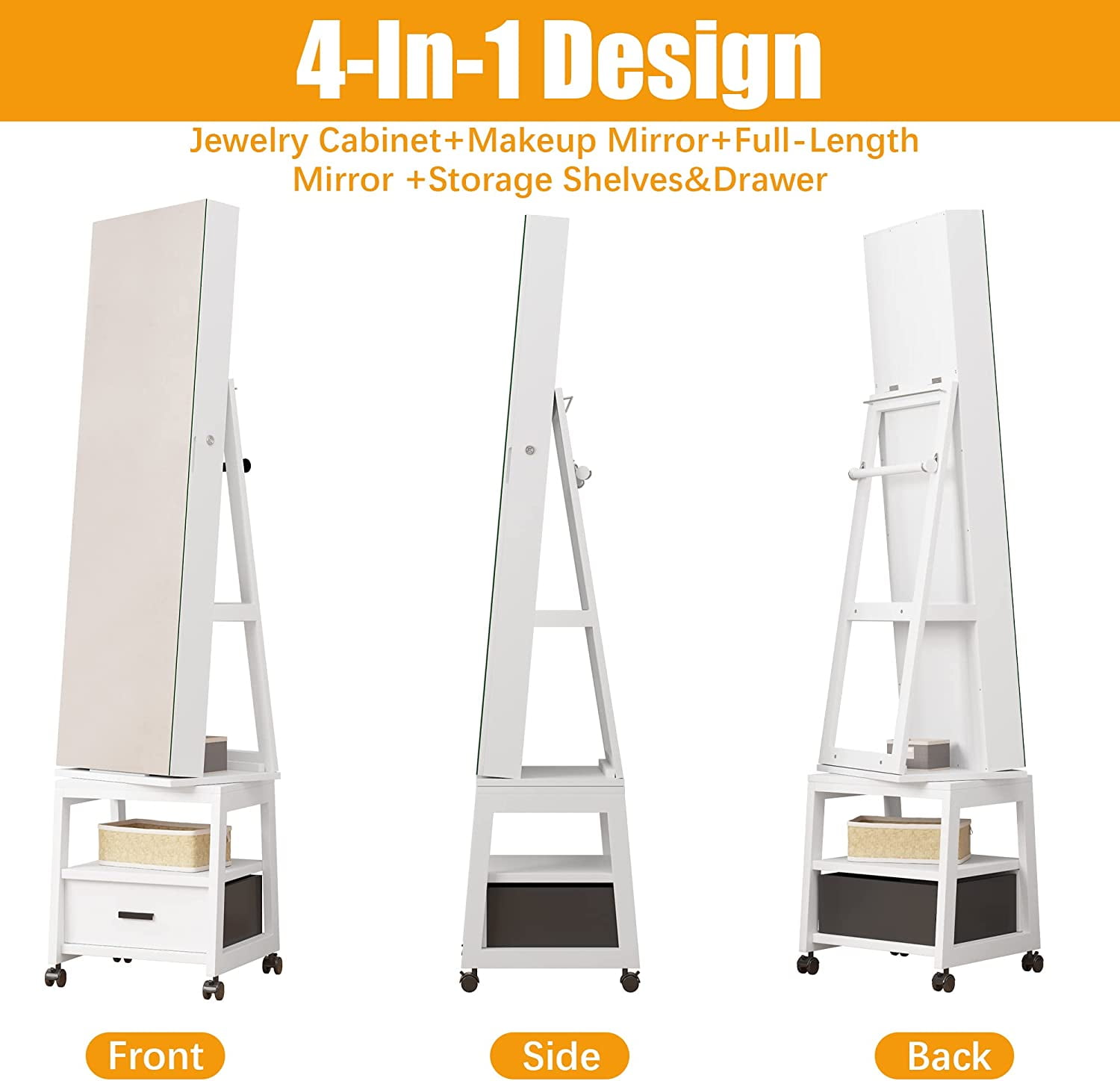 360° Swivel Jewelry Armoire, Floor Standing Locking Jewelry Armoire