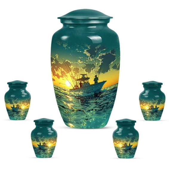 KARYLIZ Fishing Small Urn - Sunset Blue Set of 5 Mini Urns for Ashes - Mini Decorative Cremation Urns for Adult Men & Women - Funeral Burial Urn for Male - Small Funeral For Human Ashes Keepsake