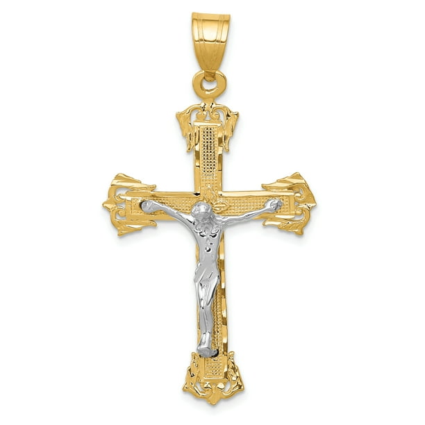 14k Jaune and Or Blanc Deux Tons Diamant Taille Crucifix Longueur Pendentif 50mm