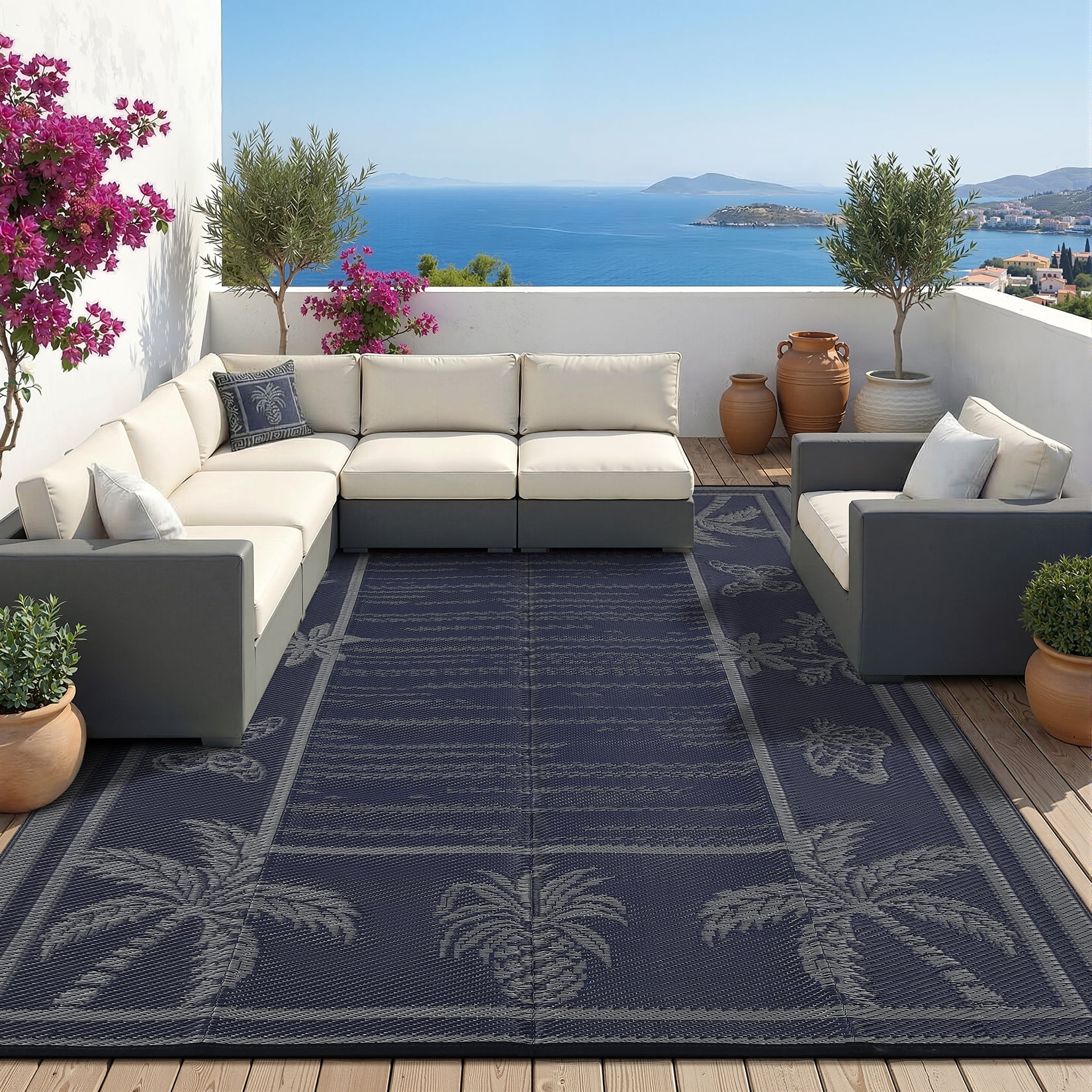 FairOnly 9'x12'Modern Tropical Floral Outdoor Rug Waterproof Reversible & Portable for Patio Poolside & Beach RV,Black Blue