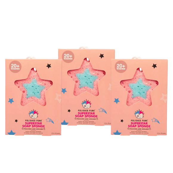 Polished Punk - Soap Infused Bath Sponge for Kids and Tweens, Peaches and Dreams (Pack of 3)