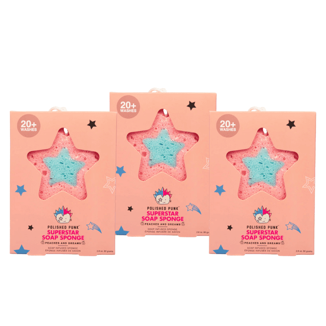 Polished Punk - Éponge de Bain Infusée de Savon pour Enfants et Préados, Pêches et Rêves (Lot de 3)