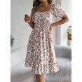 thumbnail image 4 of Musefolio Women's full open vintage floral print square neck puffy short sleeve mid-length summer ruffled high waist casual elegant A-line floral dresses S-XL, 4 of 6