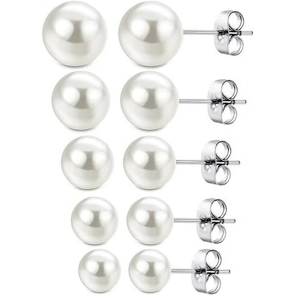 Xukmct 5 Pairs 316L Stainless Steel Stud Earrings Set, Round Ball Pearl Earrings Set for Women