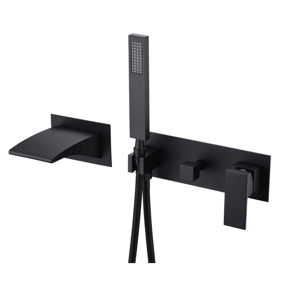 Matte Black Wall Mount Tub Faucets, Waterfall Tub Filler Spout with Hand Shower Sumerain