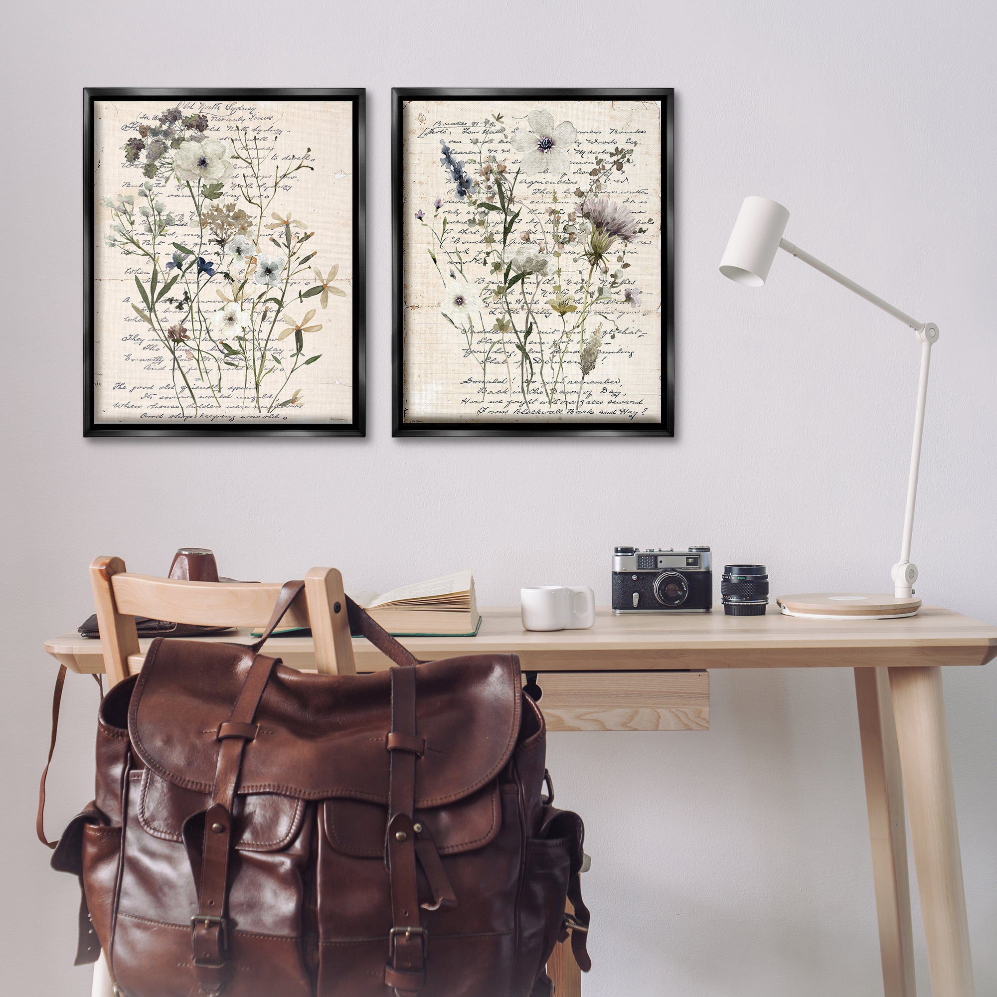 Stupell Industries Vintage Letters with Botanicals Plants & Flowers Painting Black Floater Framed Canvas Art Print Wall Art, 31 x 25, Set of 2