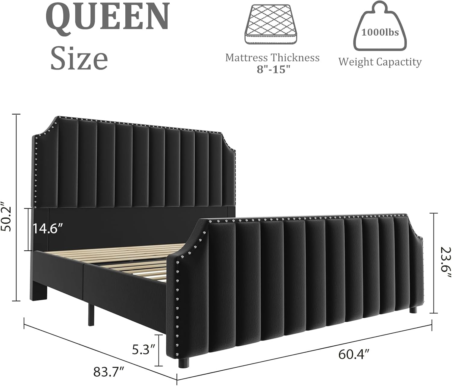 GarveeHome Queen Velvet Bed Frame, Upholstered Platform with 50.2" Tall Headboard & Footboard, Nailhead Trim, Solid Wooden Slats, No Box Spring Needed, Black