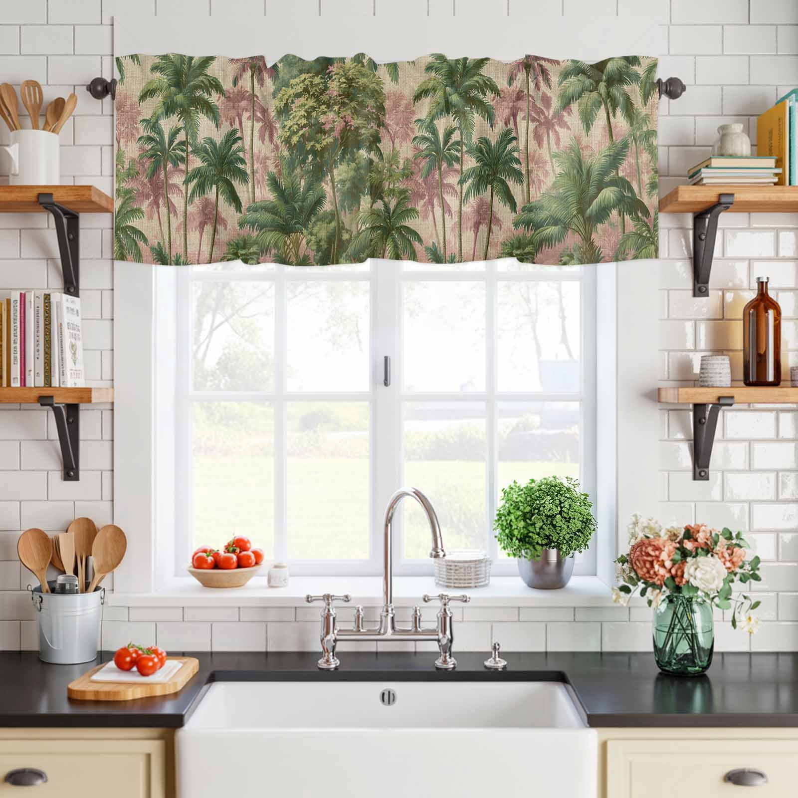 Summer Palm Tree Valances for Windows, 60x18in, Vintage Tropical Green Jungle Tree Leaf Linen Texture Rod Pocket Kitchen Valance Curtain Light Filtering Window Treatments for Living Room Bedroom