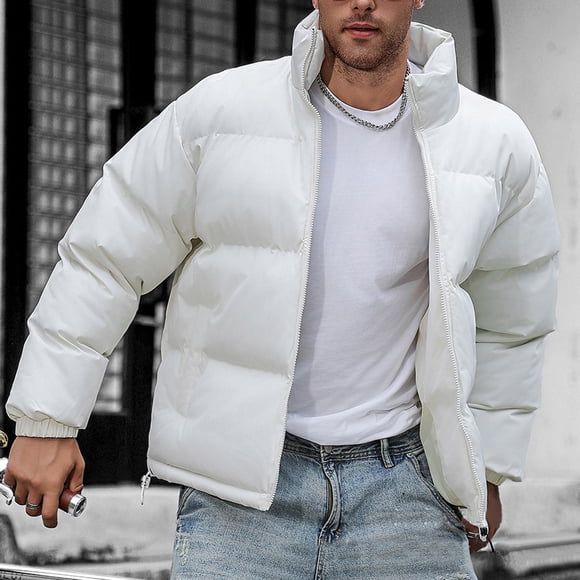 Viluyesy Men’s Puffer Jacket Thicken Warm Down Winter Warm Solid Outdoor Casual Softshell Quilted Puffer Zip Outerwear White L