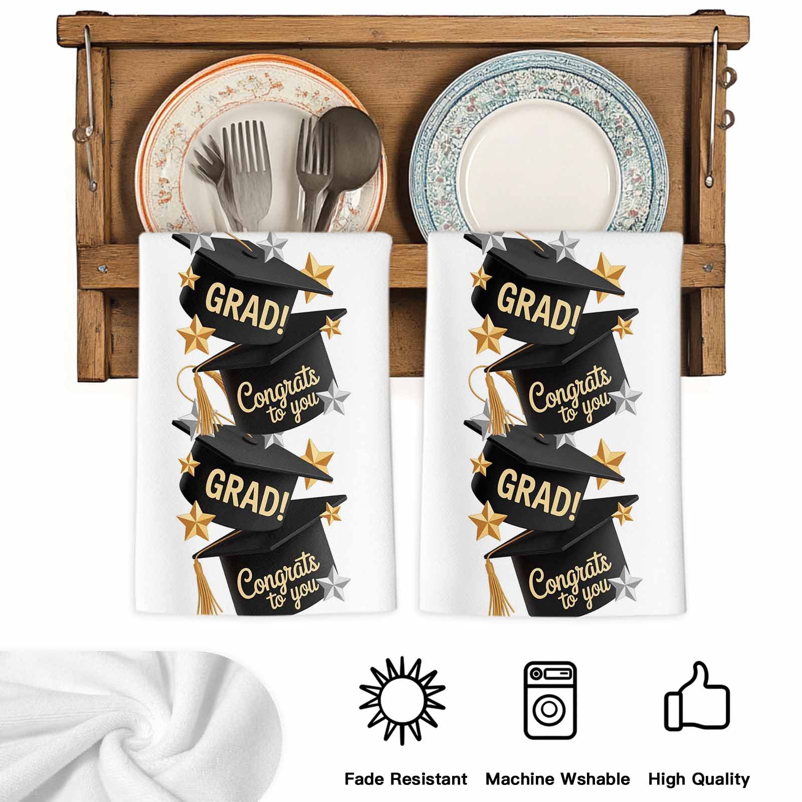 Graduate Kitchen Towels Set of 2, Funny Words Modern Art Absorbent Dish Towels for Kitchen, Microfiber Hand Towel, Quick Drying Tea Towel for Cleaning Decorative Dishcloths