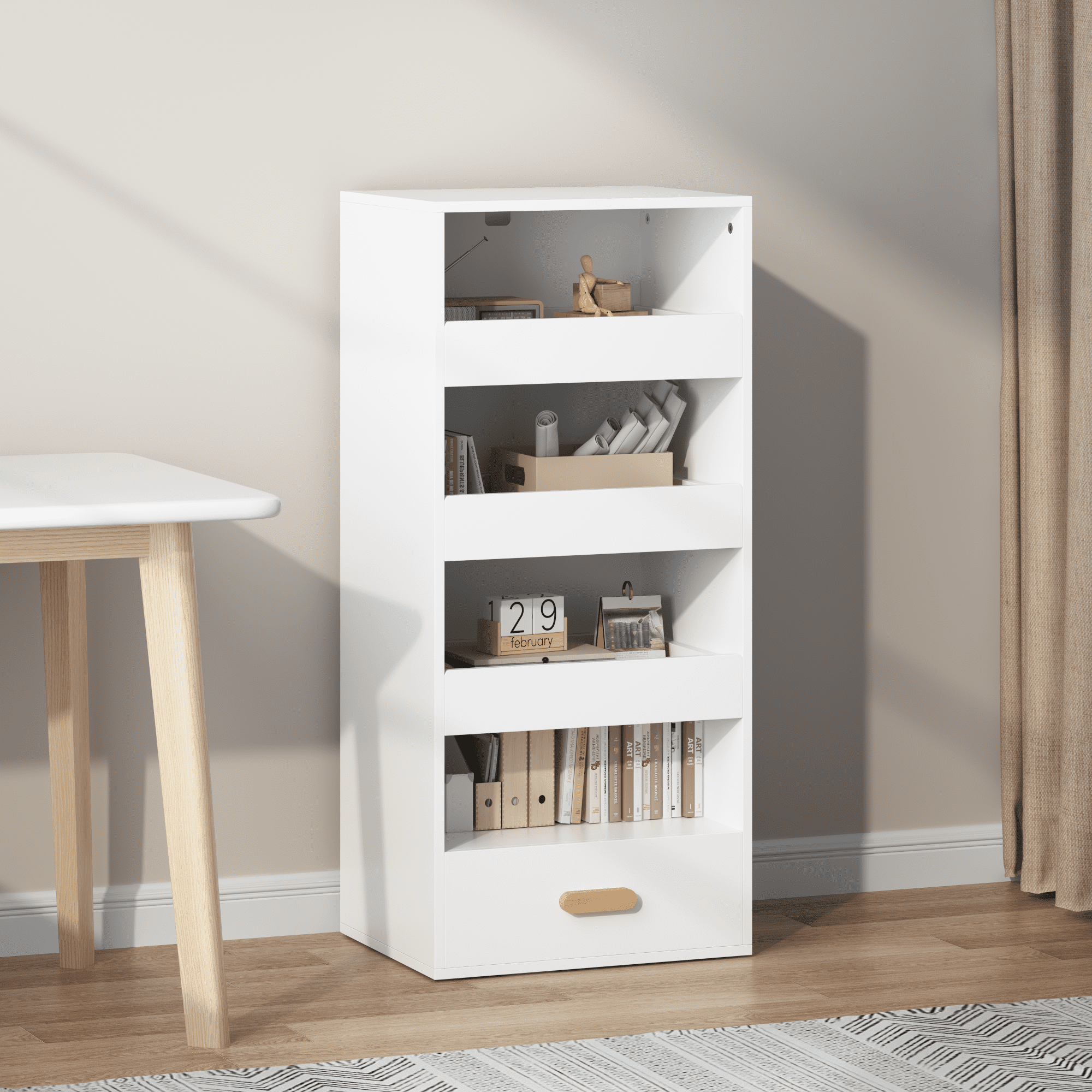 4-Tier Freestanding Bookshelf with 3 Sliding Drawers and 1 Bottom Drawer, White