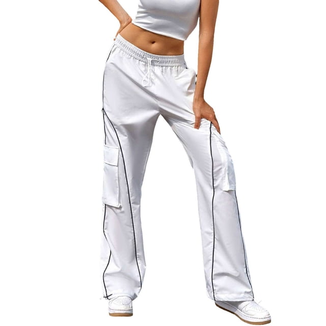 Gibobby Pantalones cargo para mujer Pantalones casuales sueltos con correa de múltiples bolsillos para mujer Pantalones tejidos de ropa de trabajo recta de cintura(Blanco,G)
