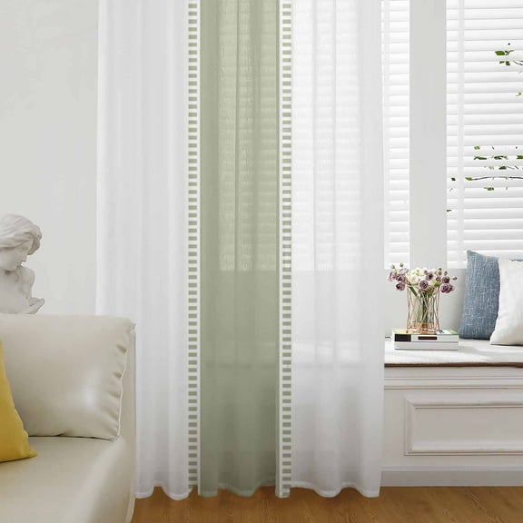 Sage Green Striped Semi Sheer Curtains Drapes for Living Room, Bedroom, French Doors Window 45 Inches Long, Modern Geometric Abstract Art Rod Pocket Chiffon Curtain Drapery Voile Draperies Panel