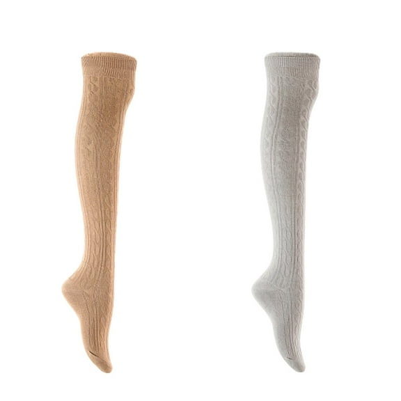 Lian LifeStyle Women's 2 Pair Adorable Comfortable Soft Thigh High Over Knee High Cotton Socks Size 6-9 L1024 Beige,Light Grey