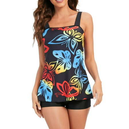 jovati Women Print Strappy Back Tankini Set Two Piece Swimdress Panty ...