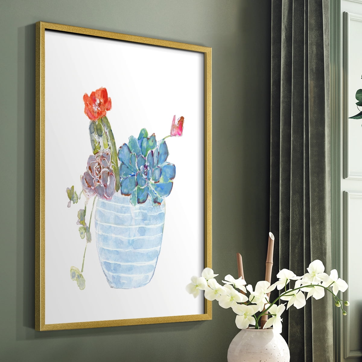 Cactus and Succulent Blooms I Framed Print in Gold Solid Wood Framed Print No Nail Hanging