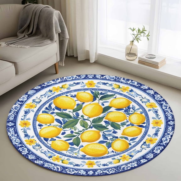 Round Rugs 3Ft, Summer Lemon Round Area Rug Washable Indoor Throw Carpet, Blue Floral Spring Botanical Vintage Small Non Slip Circle Rug for Bedroom Living Room Home Decor Aesthetic