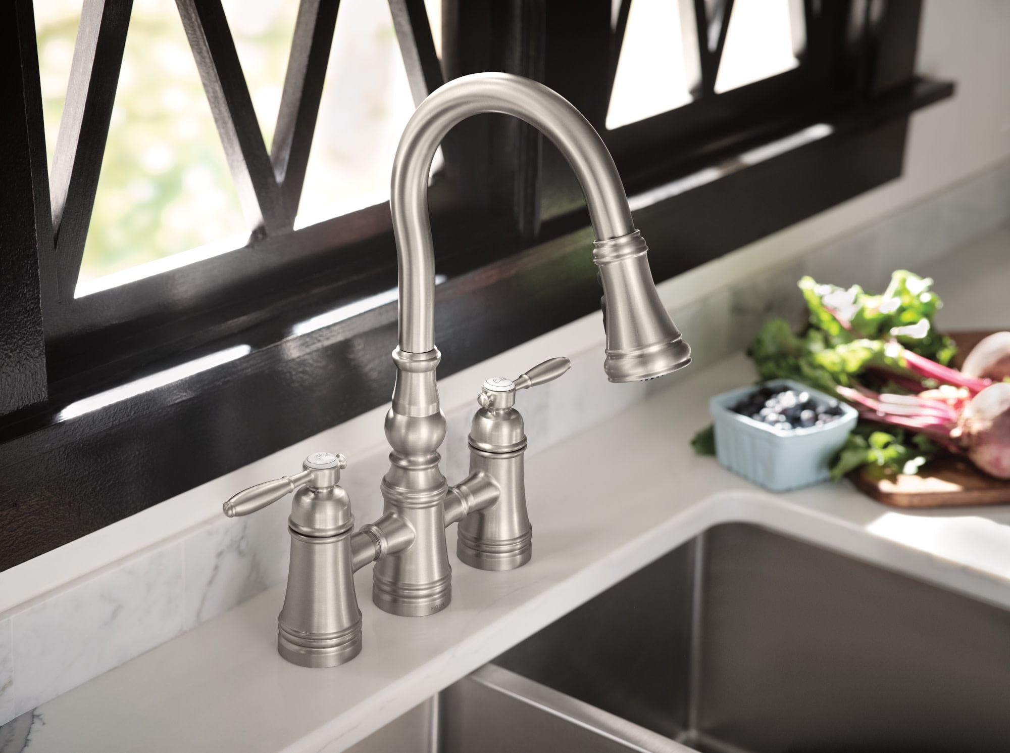 Moen S73204NL Weymouth Two Handle Pulldown Kitchen Faucet, Polished Nickel