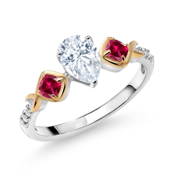Gem Stone King 925 Silver and 10K Yellow Gold Red Created Ruby Ring Set with Moissanite (1.02 Cttw) (Size 7)