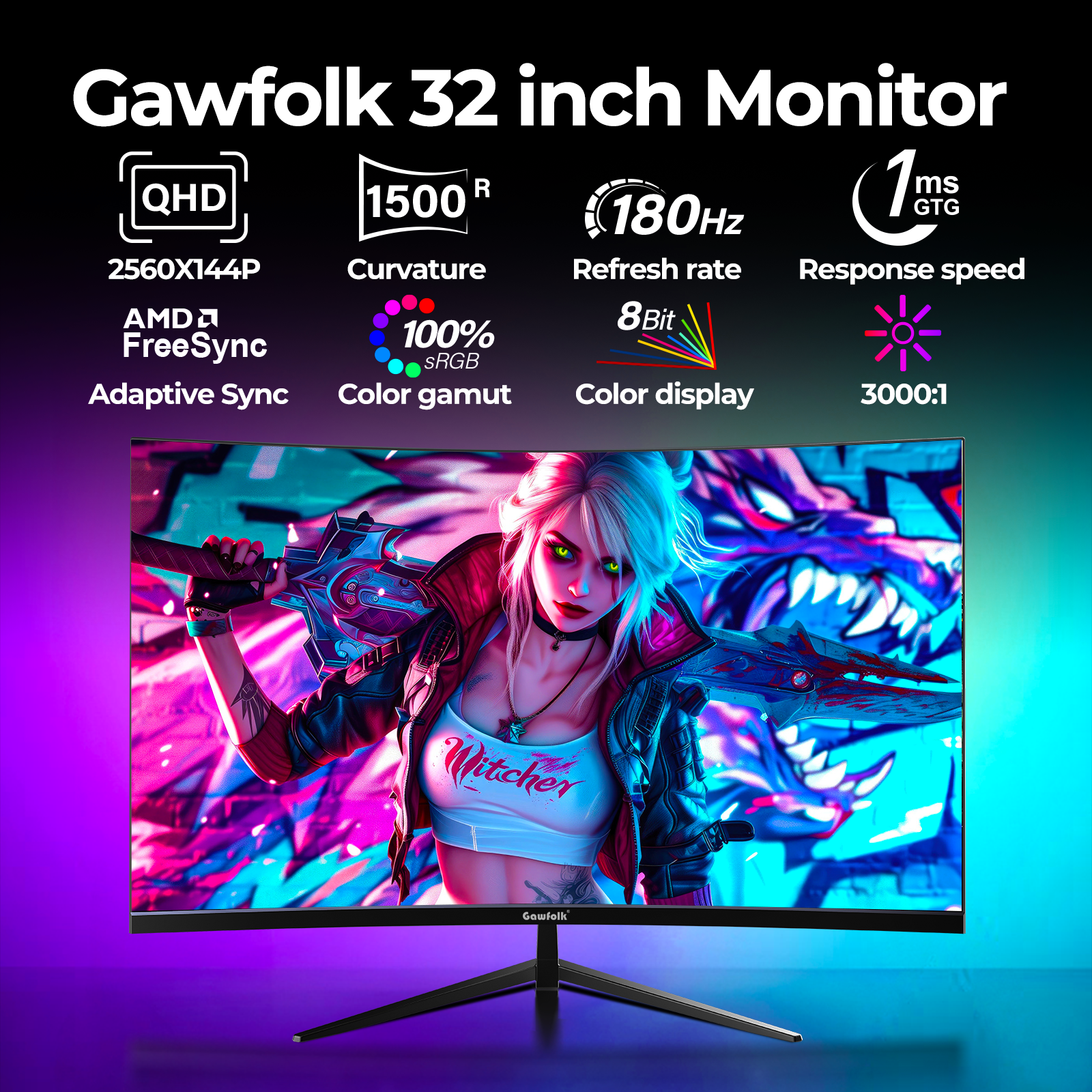 Amazon.com: Gawfolk 32 inch 2K QHD(2560×1440P) 165Hz Curved