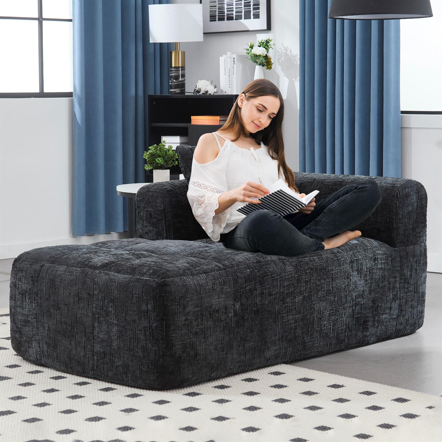 Demi Bonn 62" Plush Chenille Loveseat Sofa, Modular Sleeper for Living Room, Bedroom, Apartment Lounge, Stylish & Comfortable Couch, Black