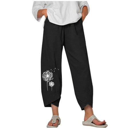 

Dadaria Linen Pants for Women Plus Size Cropped Loose Cotton Linen with Pocket Printing Trousers Pants Black XL Female