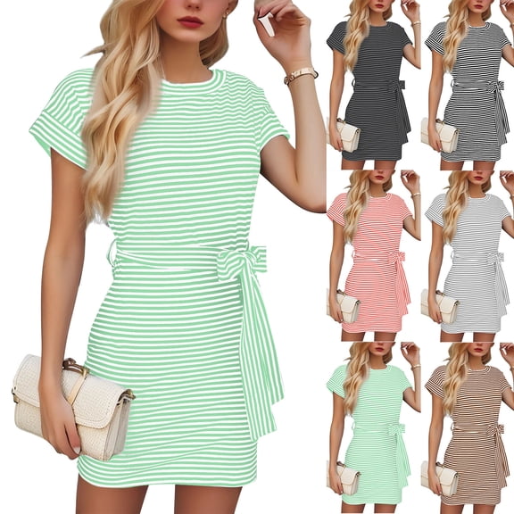 Aboser Womens Striped Dresses with Belt Trendy Short Sleeve T Shirt Dress Casual Crewneck Short Dresses Comfy Soft Beach Vacation Dress