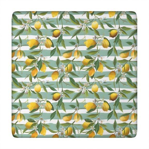Yellow Lemon Fruits StripedGreen Pattern Square Fitted Tablecloth with Elastic Edge,Square Table Cover,Washable Elastic Table Cover for Home Kitchen Party Decor 34"x34"