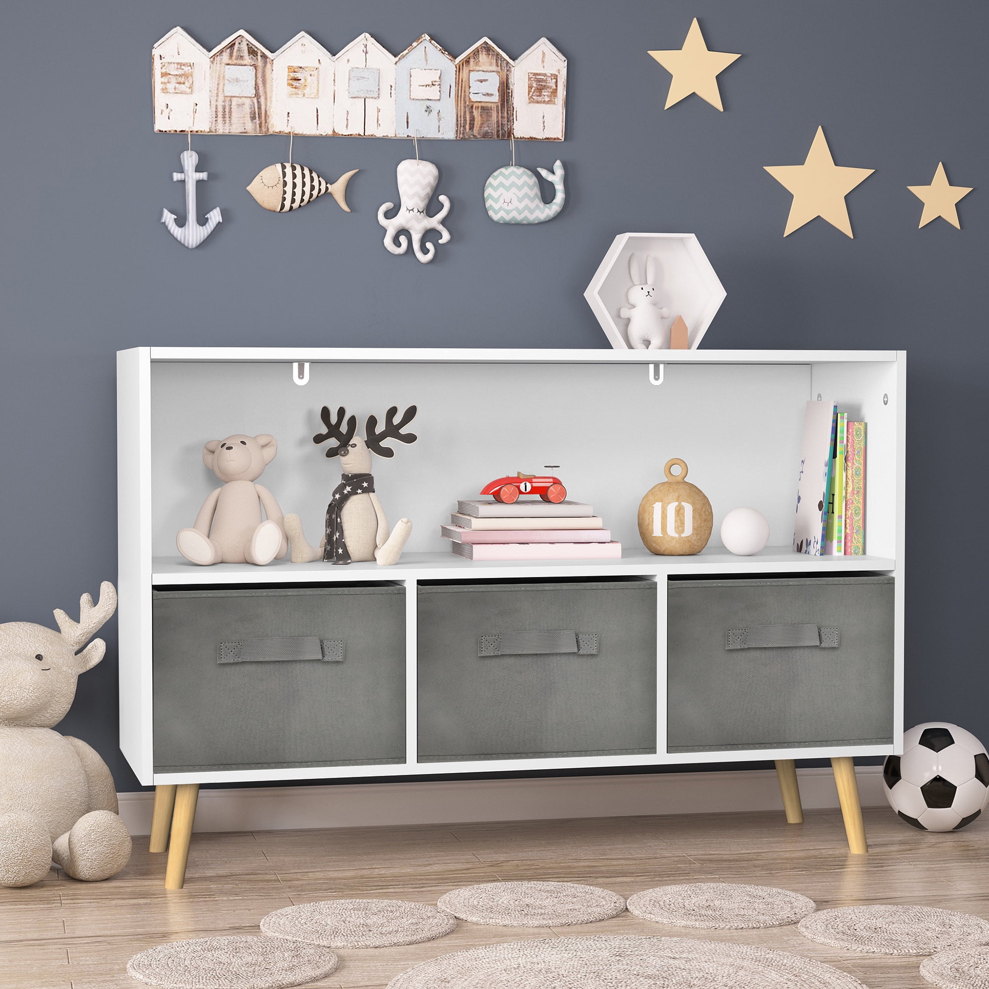Kids Bookcase with Collapsible Fabric Drawers,Toy Storage Cubby,Children's Book Display,Toy Storage Cabinet Organizer,White/Gray