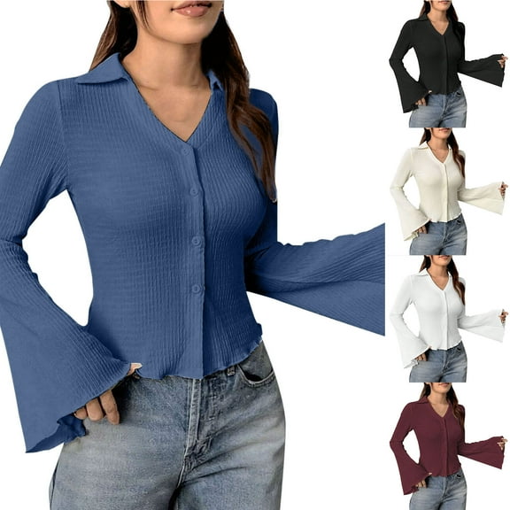 Miluxas Womens Button Down Shirts V Neck Collared Ruched Slim Fit Long Sleeve Shirt Casual Fall Fashion Ladies Tops White XL(XL)