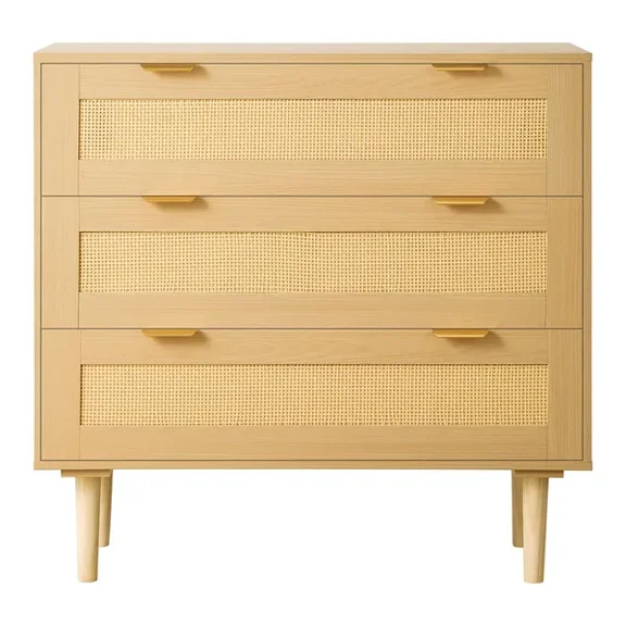 Chic Modern 3-Drawer Rattan Dresser with Metal Handles-Stylish Storage Organizer for Bedroom,Living Room,and Hallway