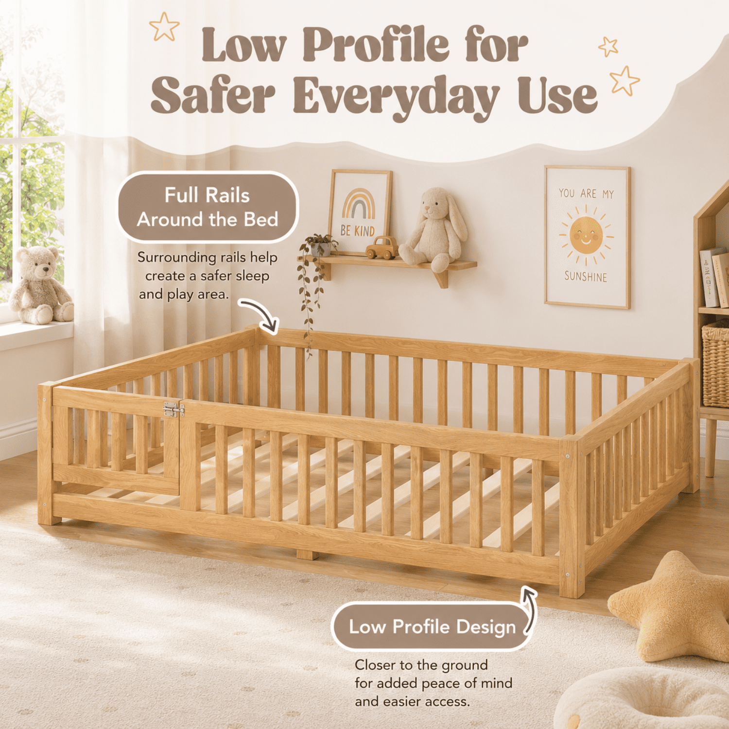 Miniyam Twin Floor Bed for Kids – Low Profile Wood Bed Frame with Rails, Natural