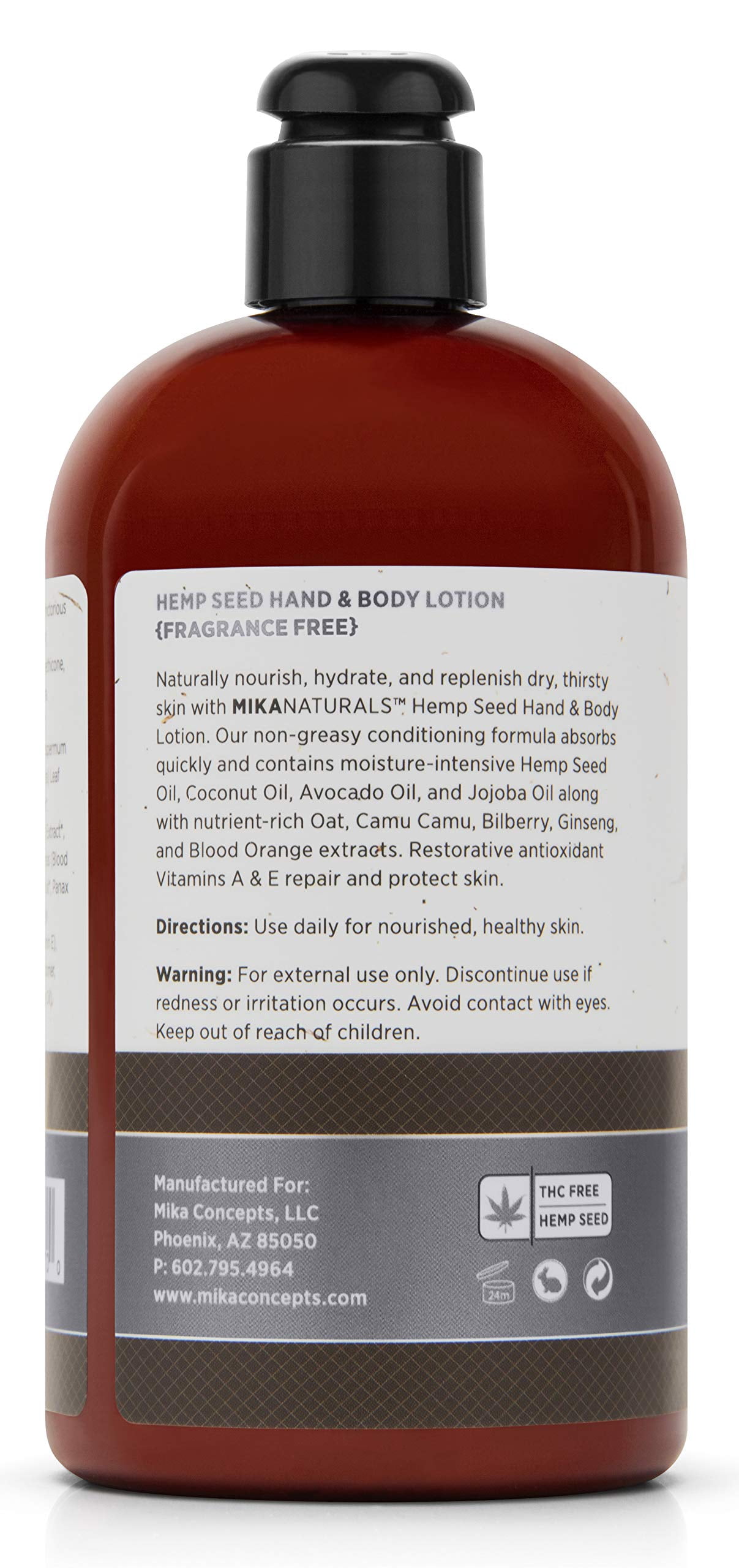 Mika Naturals Fragrance Free Hemp Seed Hand & Body Lotion for Dry Skin, 16 fl oz