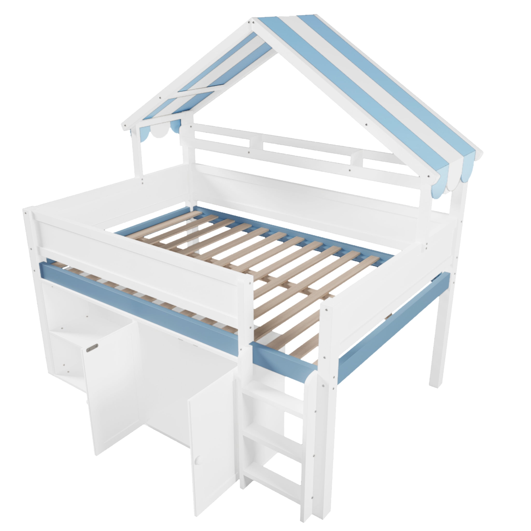 Noble House Devon Full Size Loft Bed, Playhouse Canopy Roof with Storage Cabinet and Shelves, White and Blue