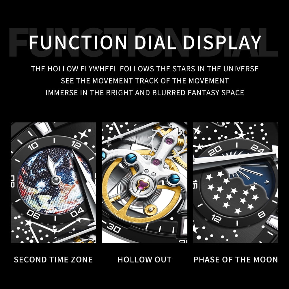 OLEVS Automatic Watches for Mens Starry Sky Skeleton Tourbillon Self Winding Mechanical Moon Phase Luminous Waterproof Luxury Dress Mens Wrist Watches Gifts Reloj Para Hombre Black/Blue/Green