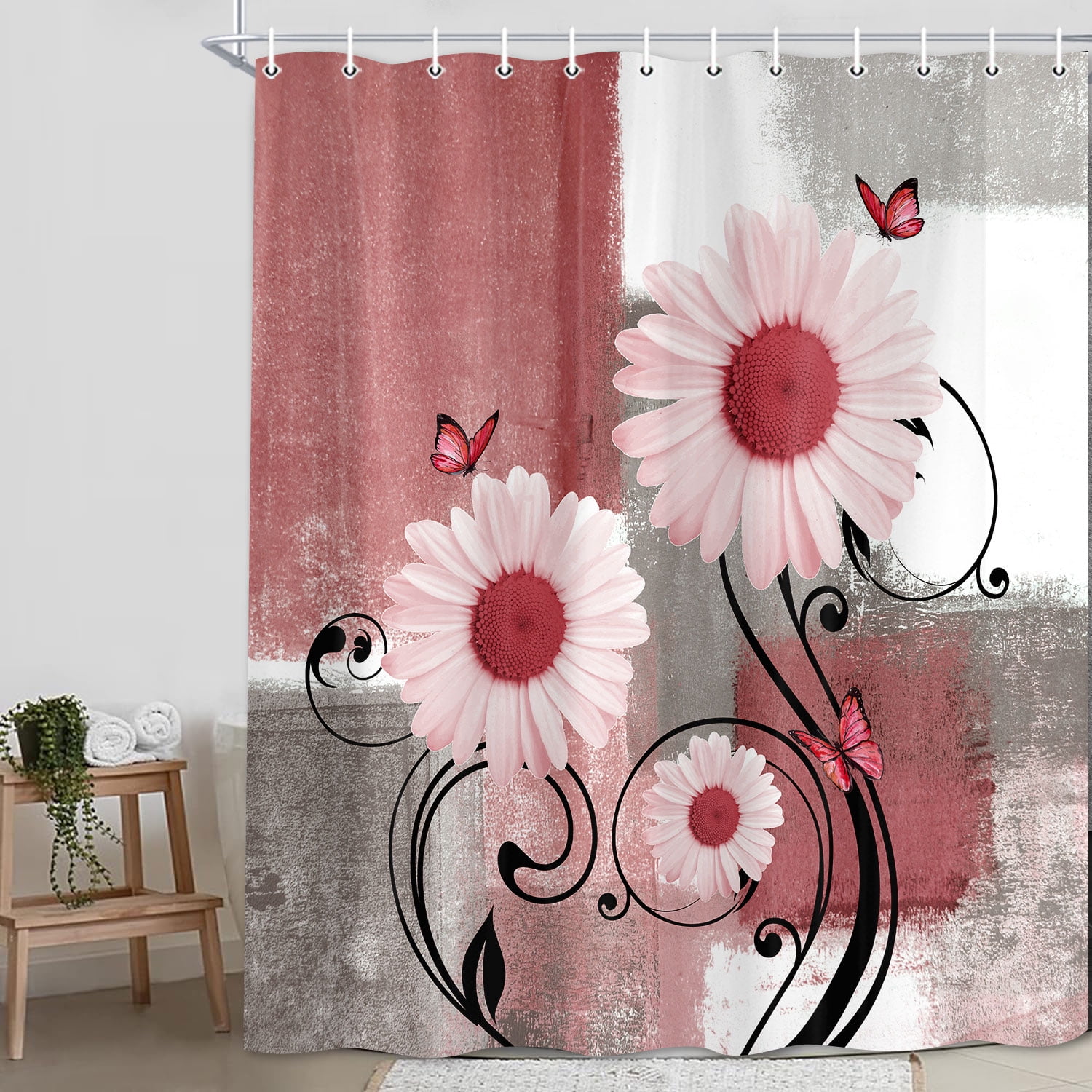 Rustic Farmhouse Shower Curtain Set | Red & Pink Daisy Floral with Butterflies, Waterproof Fabric & 12 Hooks, 60x70 Inches
