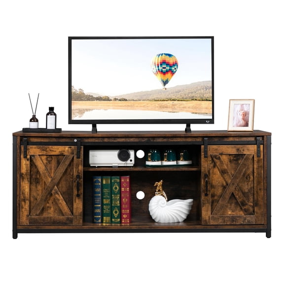 Ktaxon 58" Farmhouse TV Stand, Modern Wooden Entertainment Center, TV Console Cabinet with Adjustable Shelves, Rustic Brown
