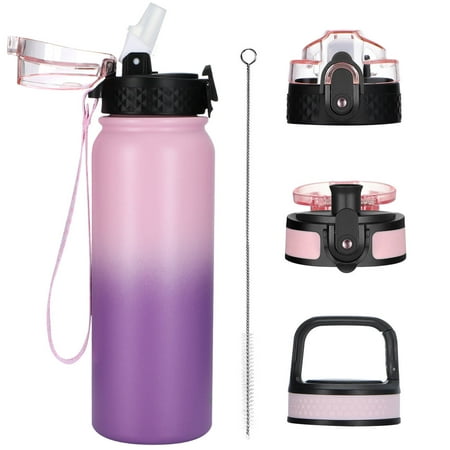 

Oldley Insulated Water Bottle 20oz For aldults and Kids Girl with Straw Chug Carabiner 3 Lids Double Wall Vacuum Wide Mouth BPA Free Sweat LeakProof for School Travel Gift Pink Purple