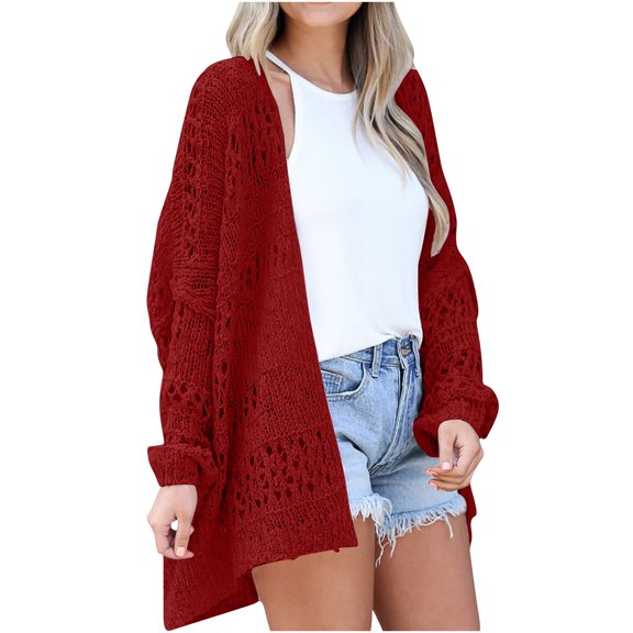 UYISJ Womens Crochet Cardigan Sweaters Long Sleeve Boho Oversized Open Front Outerwear Casual Hollow Out Beach Knitwear Tops Red S