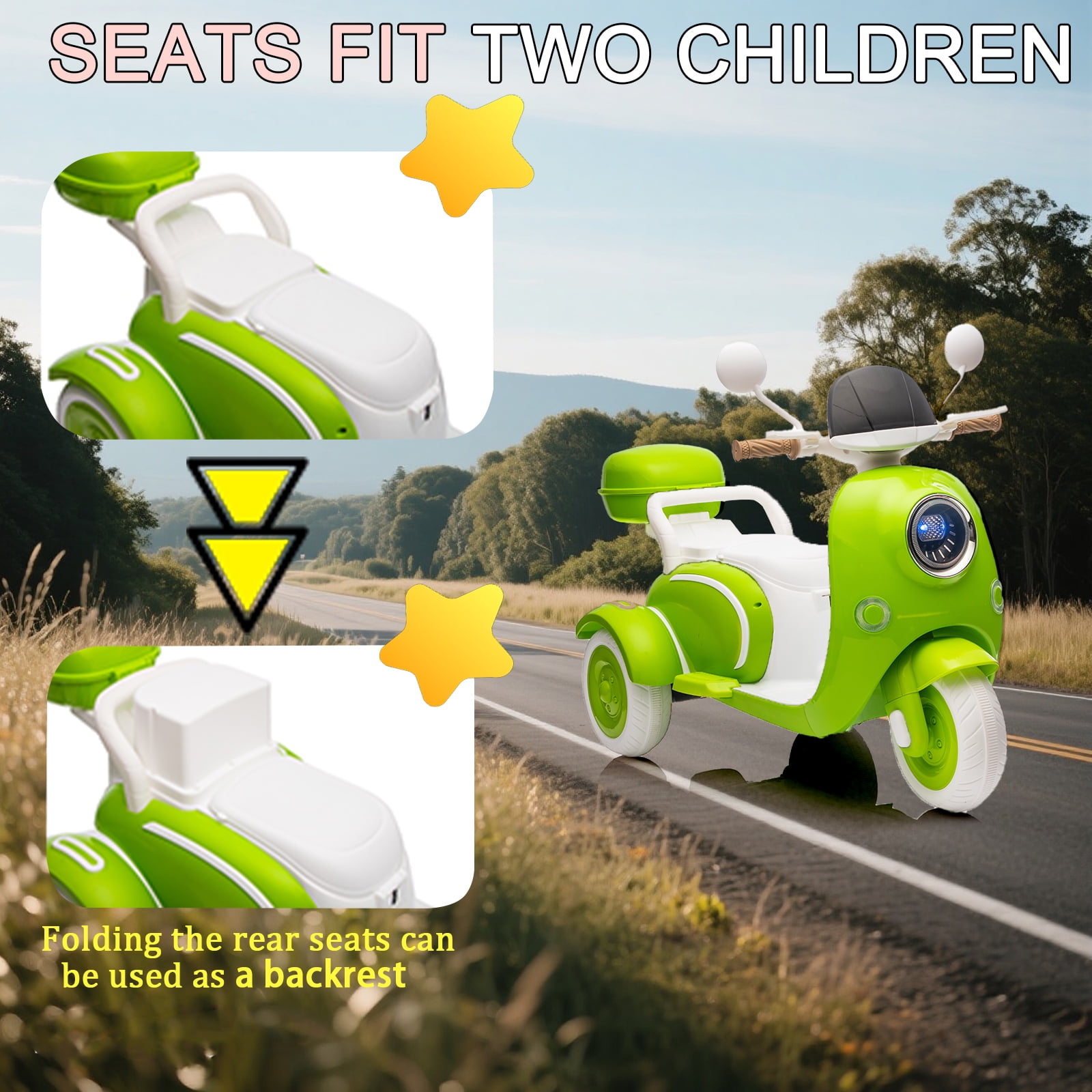 FINITO 12V 2 Seater Kids Electric Motorcycle, 3 Wheel 2WD Electric Bike with Storage Box, Bluetooth Music, LED Light, Green