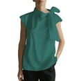 thumbnail image 2 of ZHENHONG T Shirts for Women,Half Open Collar Bow Skin Top Satin Top Solid Loose Short Sleeve Shirt,Green Women Blouses, 2 of 4