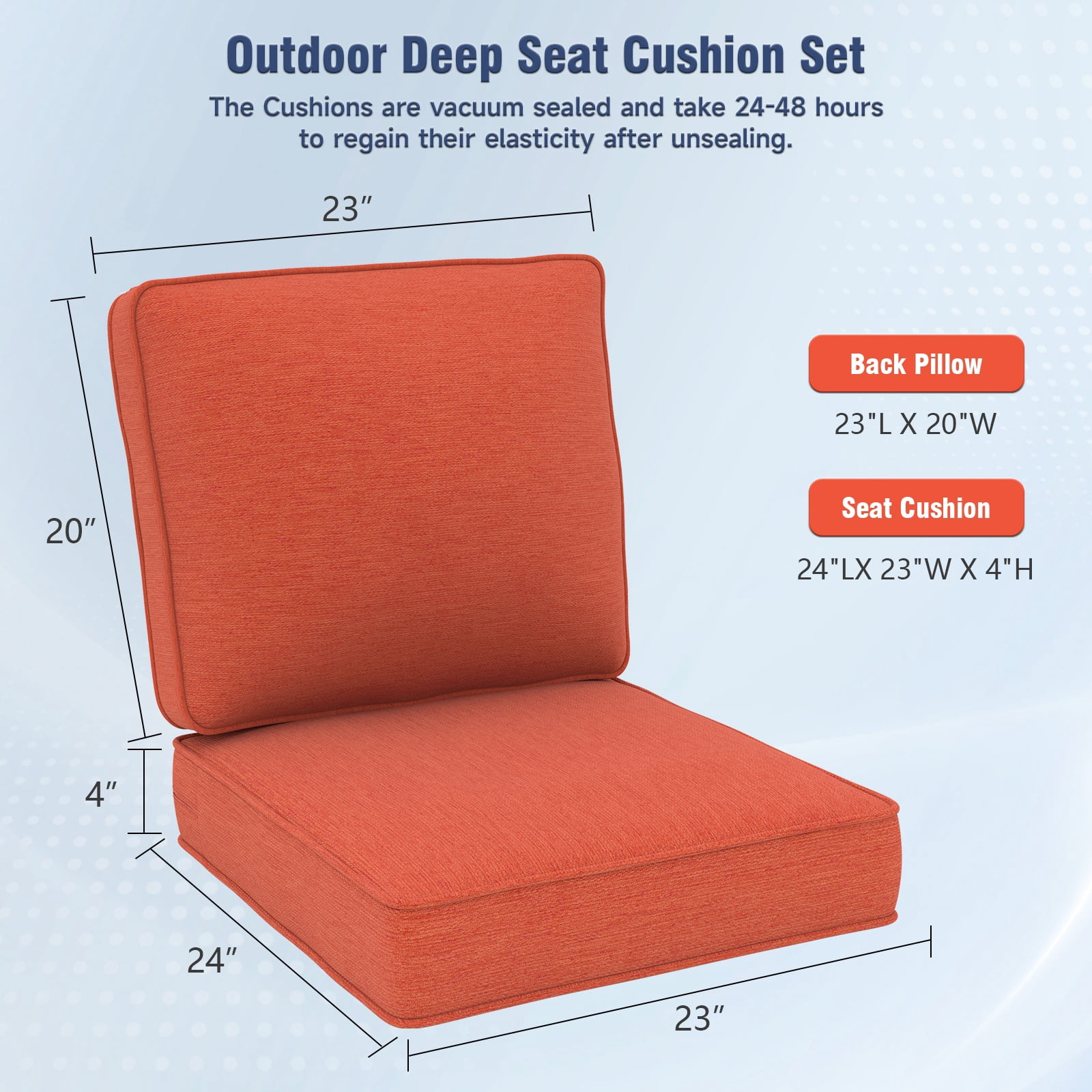 Feishominoo 23" x 24" x 4" Outdoor Back and Seat Cushions Set of 6, 12-Piece Replacement Deep Seating Cushions for Patio Furniture, Brick Red