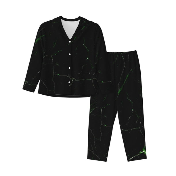 Fotbe Black Marble Conjunto de Pijama de Manga Larga para Mujer con Estampado, Ropa de Dormir de 2 Piezas, Conjunto de Casa Suave y Cómodo con Bolsillos-Large