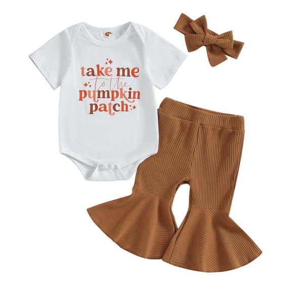 Okbabeha Infant Baby Girl Fall Clothes Pumpkin Patch Romper Onesie Knit Bell Bottoms Pants Headband Halloween Outfits Set