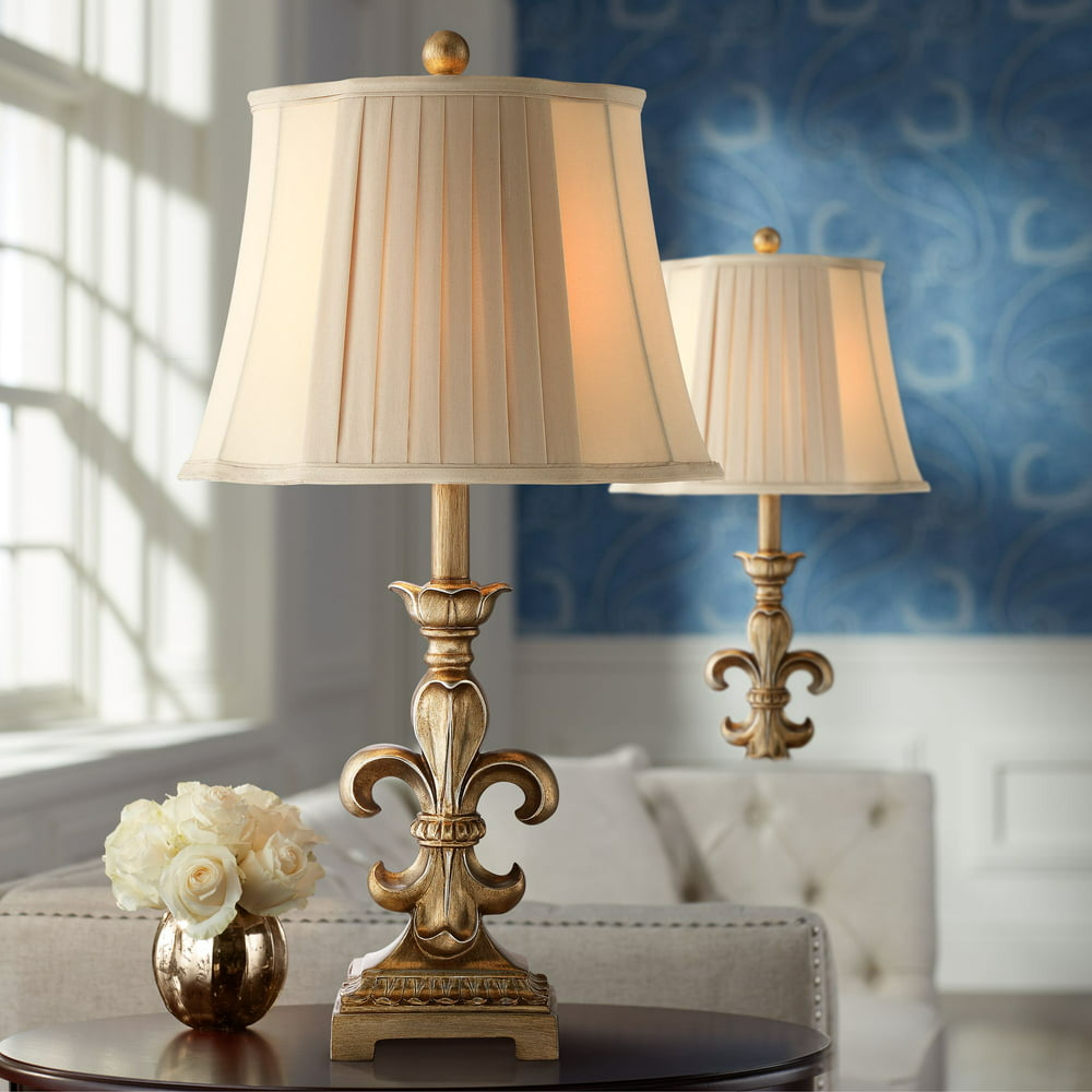 Regency Hill Traditional Table Lamps Set Of 2 Antique Gold Pleated Bell