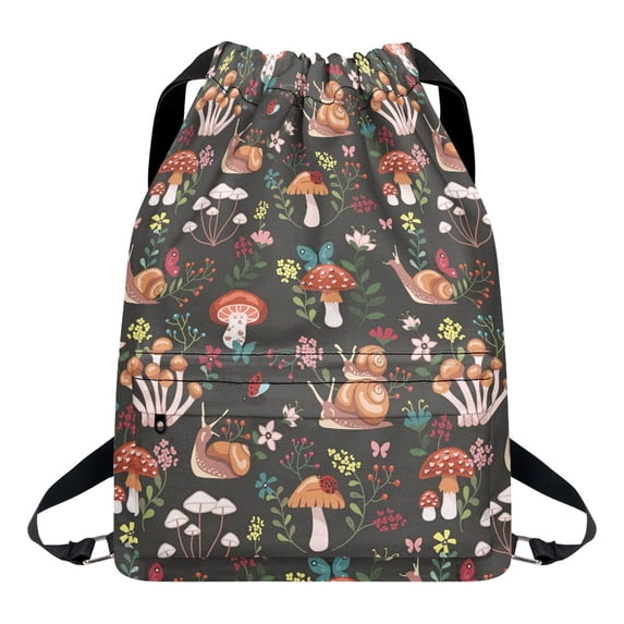 Xoenoiee Mushroom Snail Butterfly Drawstring Backpack for Women Men, Large Capacity Sports Bag for Swim Yoga, Portable String Bag Sack for Soccer Basketball Travel Daypack Pouch