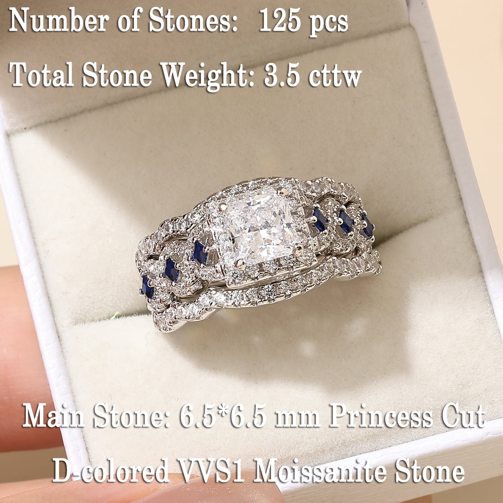 Newshe Jewellery 3.5 Ct Moissanite Engagement Rings for Women 925 Sterling Silver Princess Bridal Ring Sets Blue Sapphire Size 7
