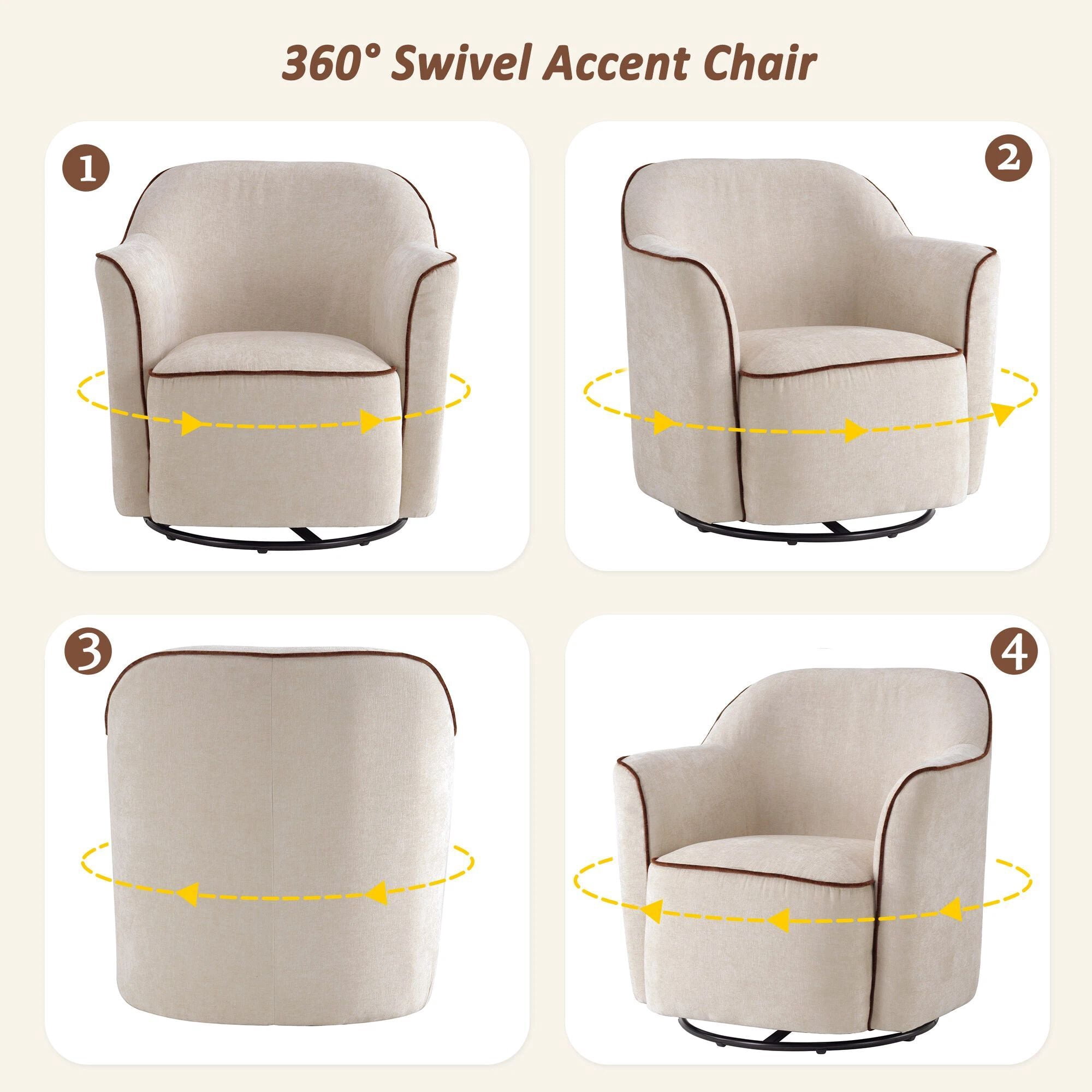 Euroco 360° Swivel Accent Chair, Chenille Upholstered Barrel Chair with Flared Arms, Modern Reading Armchair for Living Room, Bedroom and Office, Beige